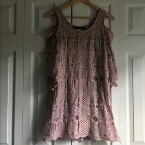 Pink lace cold shoulder shift dress